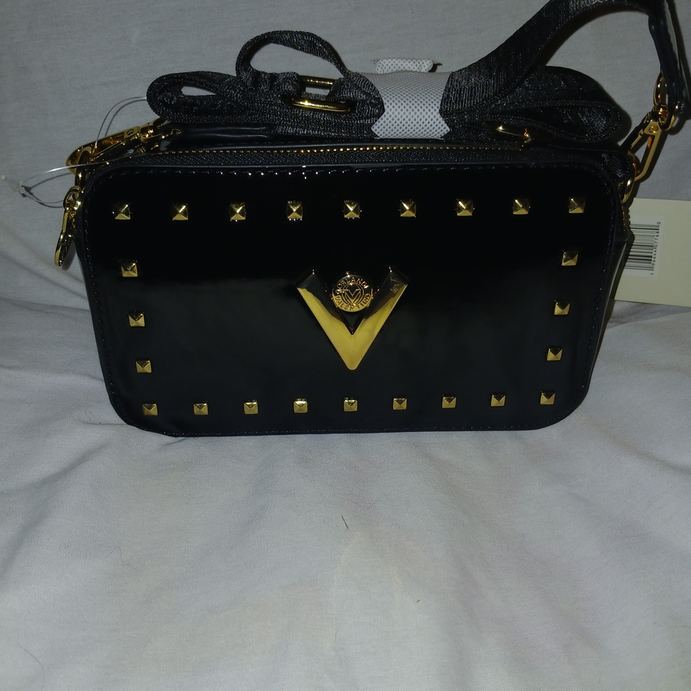 Valentino Orlandi Black Patent Leather Camera Bag With Gold Hardware